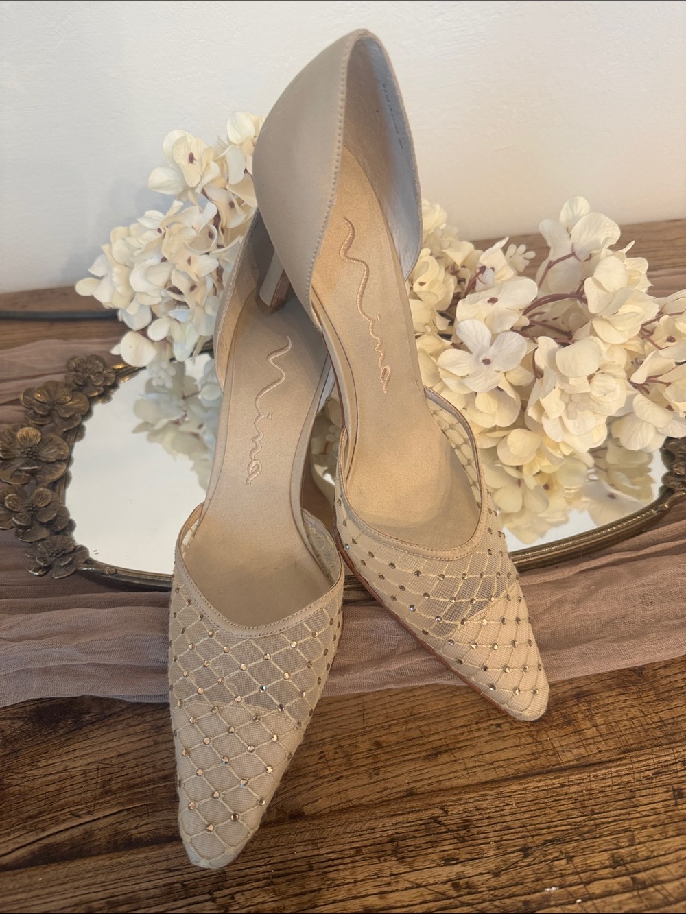 Nina Beige D'Orsay Pointed-Toe Heels with Mesh Lattice